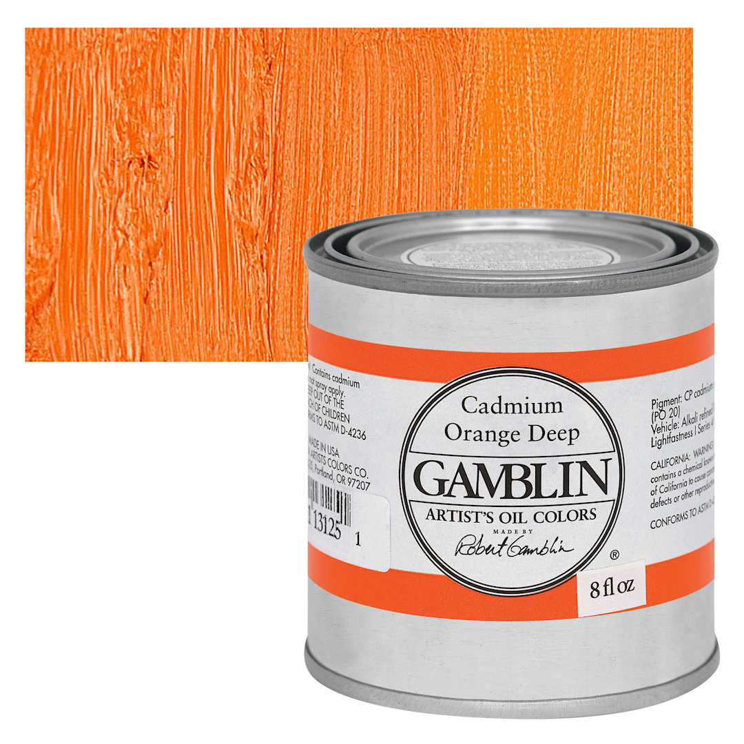 Open in modal - Gamblin Artist's Oil Color - Cadmium Orange Deep, 8 oz Can and swatch