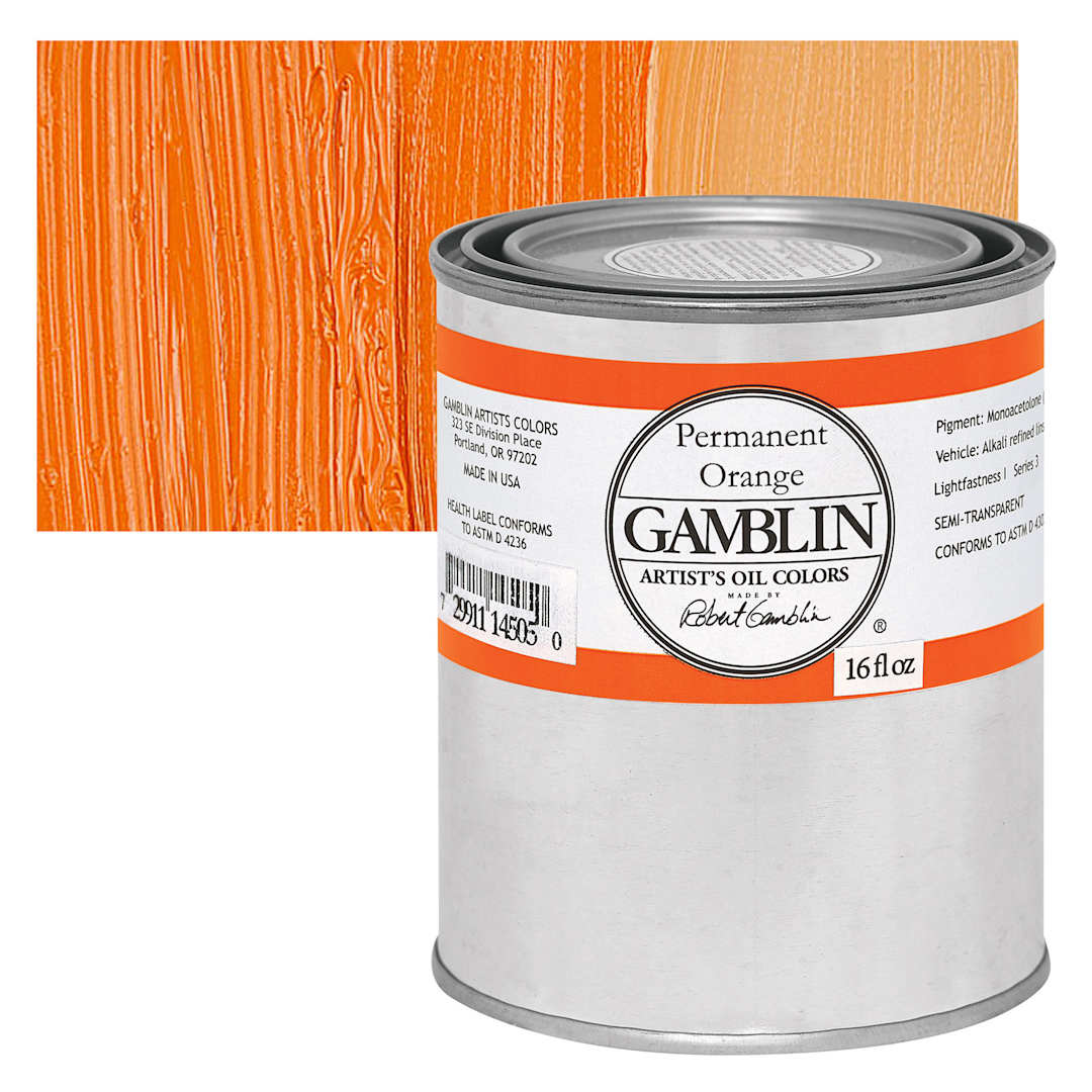 Open in modal - Gamblin Artist's Oil Color - Permanent Orange, 16 oz Can and swatch