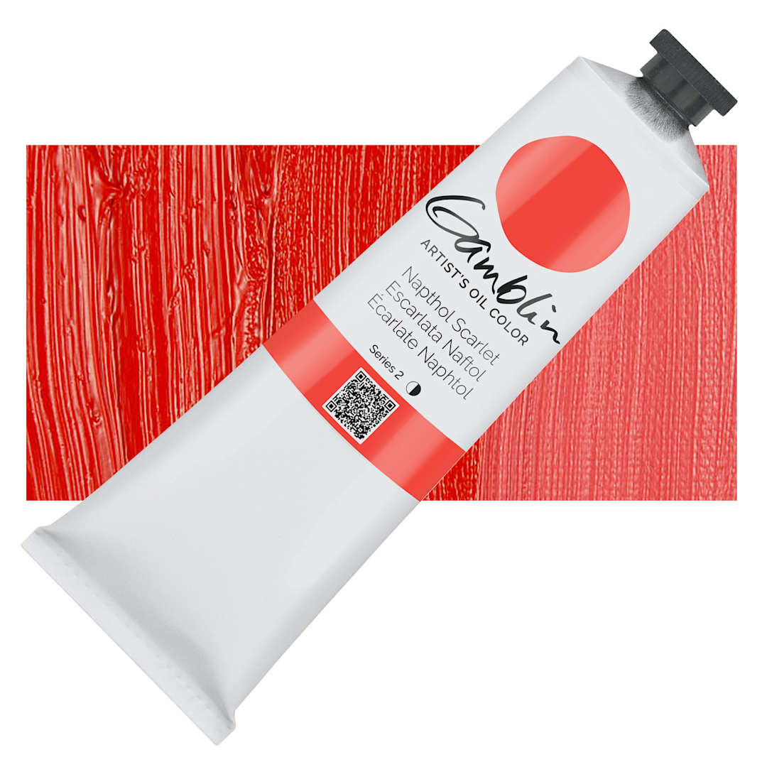 Open in modal - Gamblin Artist's Oil Color - Naphthol Scarlet, 150 ml tube and swatch