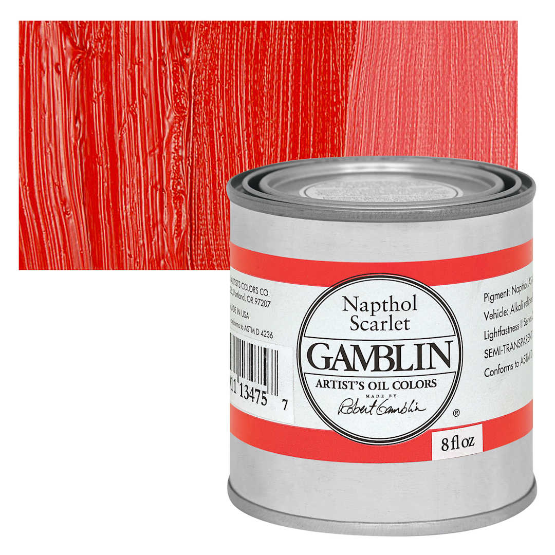 Open in modal - Gamblin Artist's Oil Color - Naphthol Scarlet, 8 oz Can and swatch