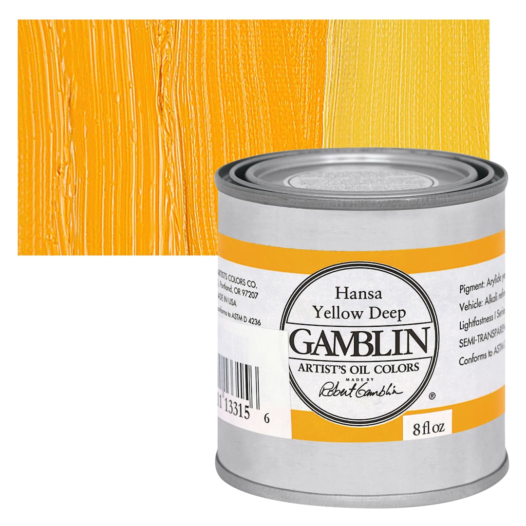 Open in modal - Gamblin Artist's Oil Color - Hansa Yellow Deep, 8 oz Can and swatch