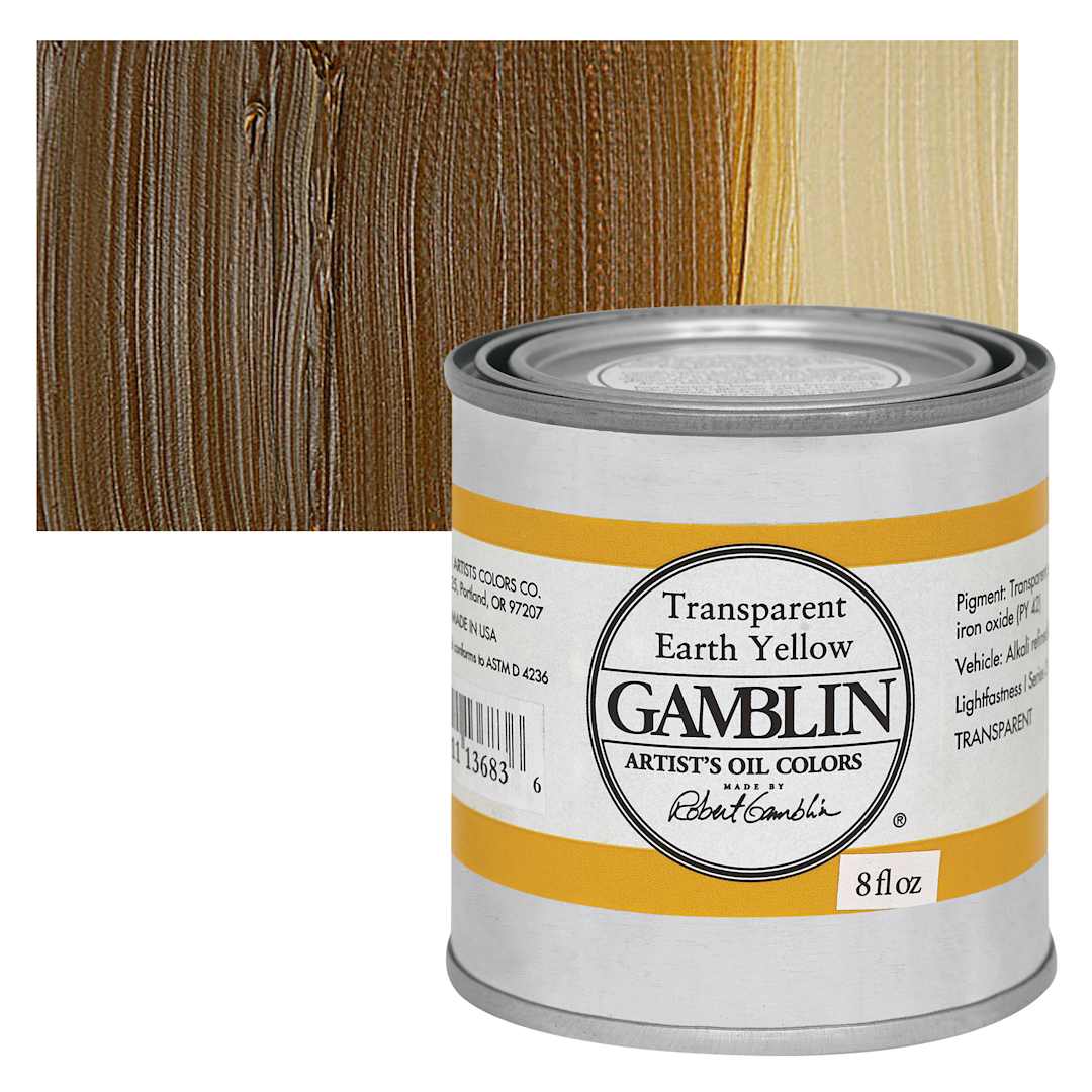 Open in modal - Gamblin Artist's Oil Color - Transparent Earth Yellow, 8 oz Can and swatch