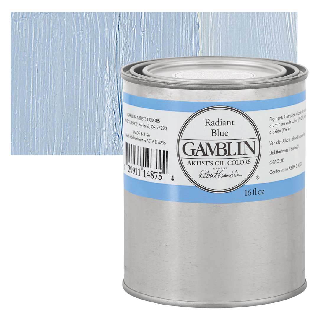 Open in modal - Gamblin Artist's Oil Color - Radiant Blue, 16 oz can and swatch