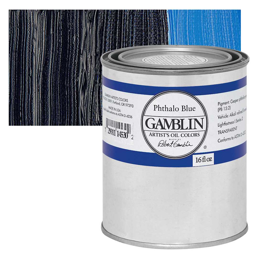 Open in modal - Gamblin Artist's Oil Color - Phthalo Blue, 16 oz Can and swatch