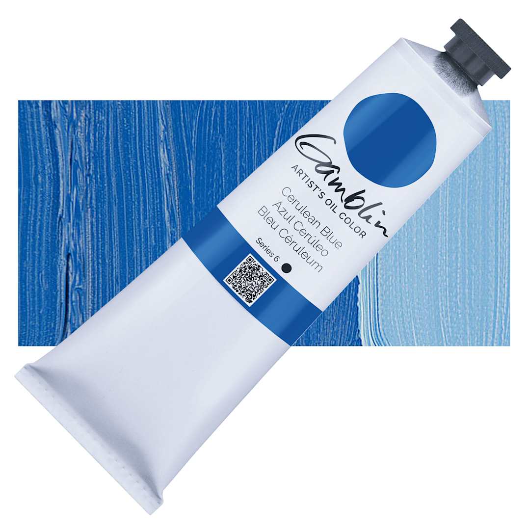 Open in modal - Gamblin Artist's Oil Color - Cerulean Blue, 150 ml tube and swatch
