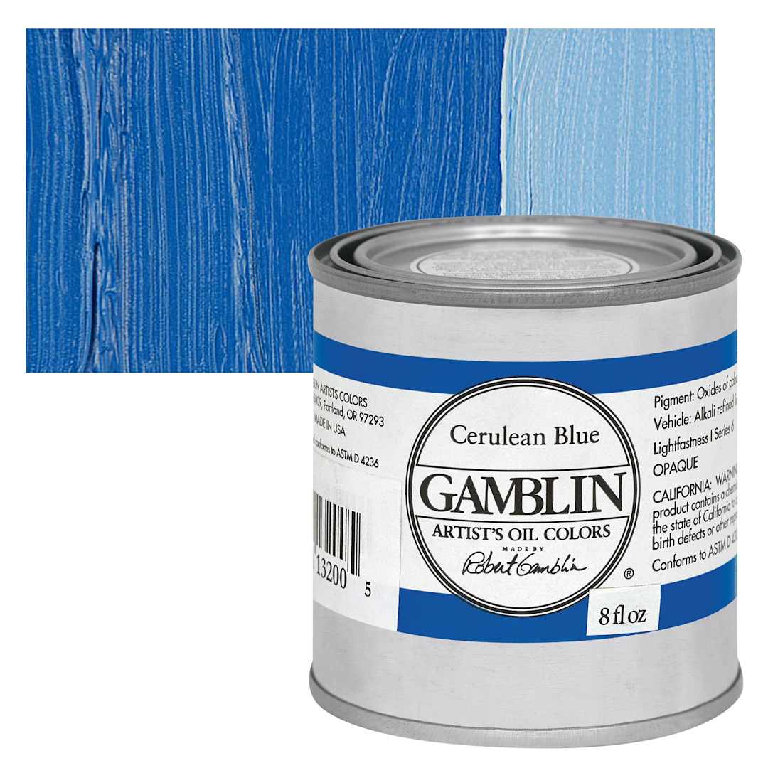 Open in modal - Gamblin Artist's Oil Color - Cerulean Blue, 8 oz Can and swatch