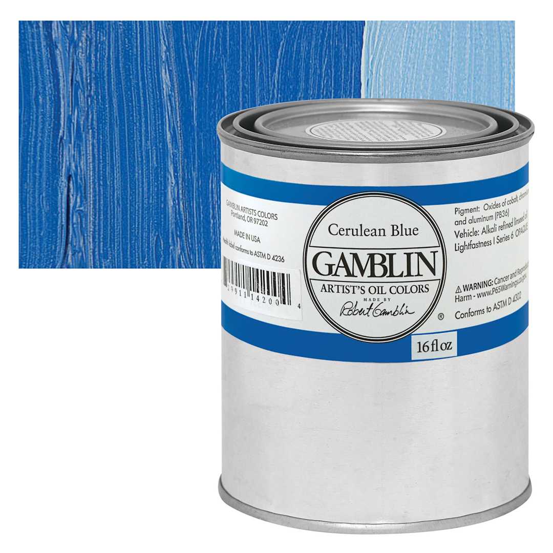 Open in modal - Gamblin Artist's Oil Color - Cerulean Blue, 16 oz Can and swatch