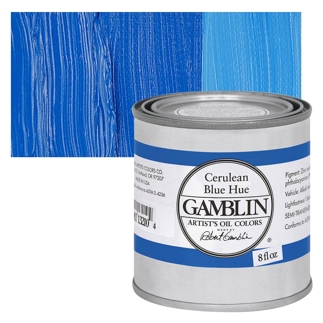 Open in modal - Gamblin Artist's Oil Color - Cerulean Blue Hue, 8 oz Can and swatch