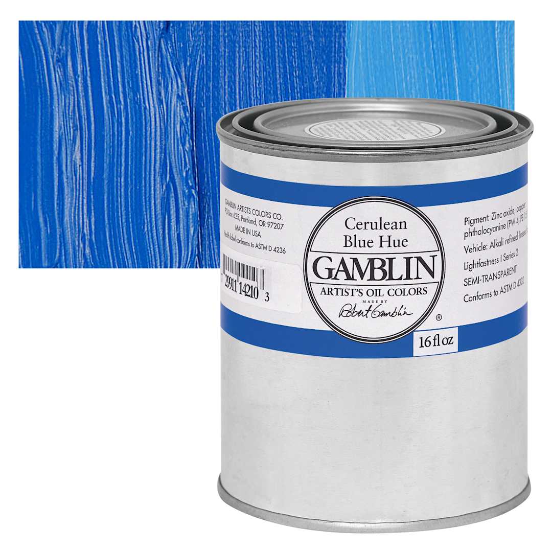 Open in modal - Gamblin Artist's Oil Color - Cerulean Blue Hue, 16 oz Can and swatch