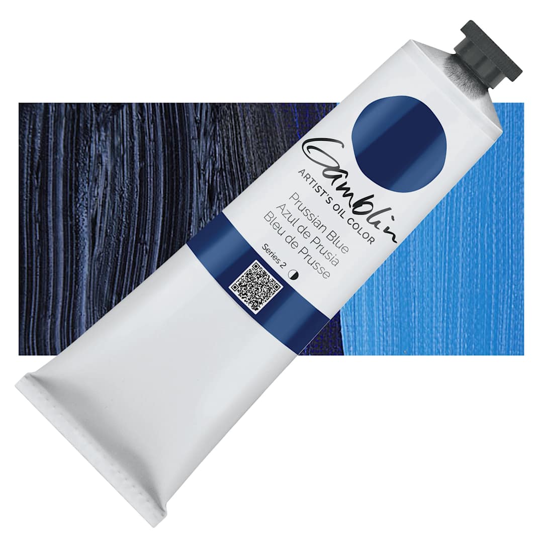 Open in modal - Gamblin Artist's Oil Color - Prussian Blue, 150 ml tube and swatch