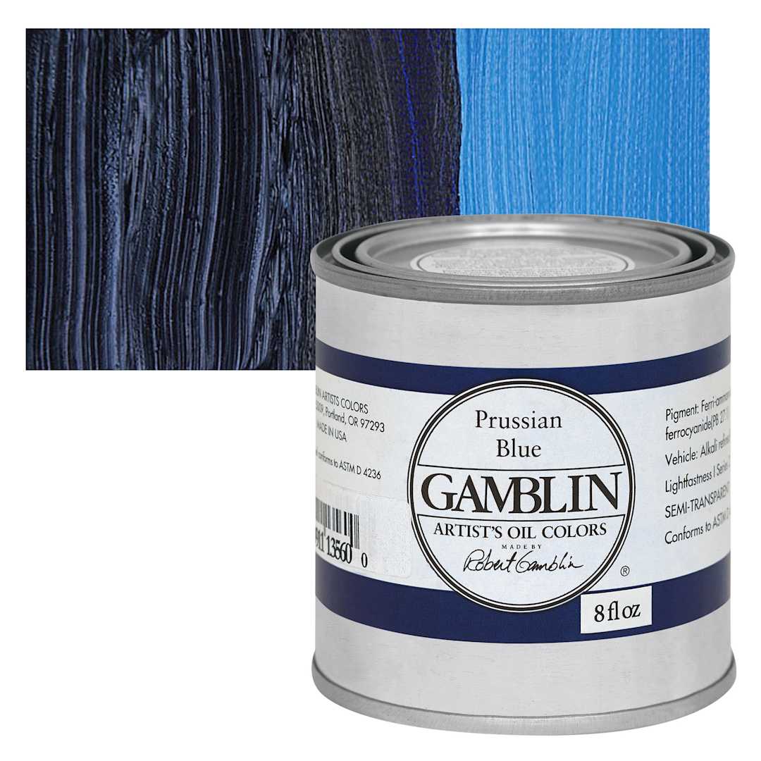 Open in modal - Gamblin Artist's Oil Color - Prussian Blue, 8 oz Can and swatch