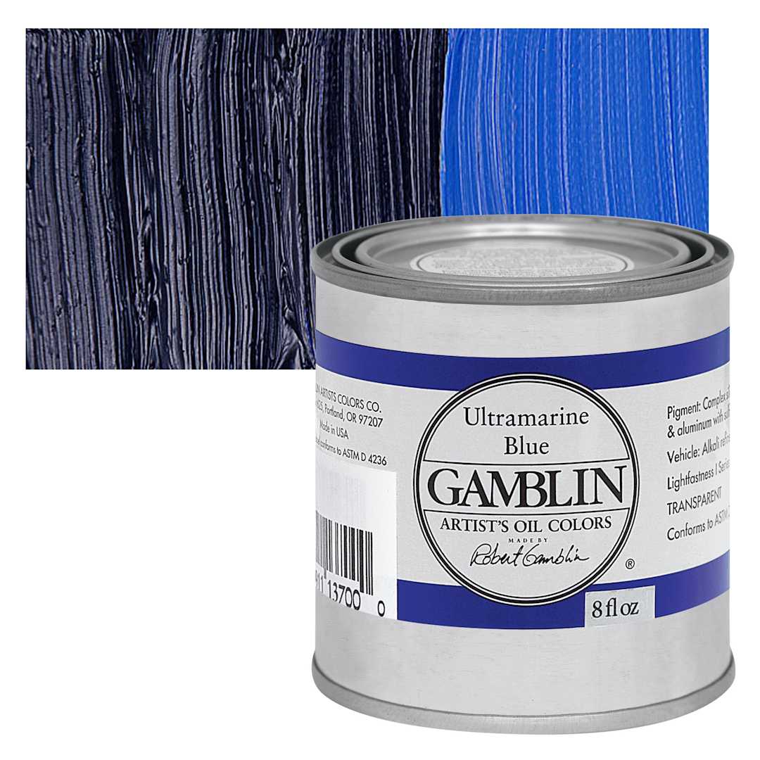 Open in modal - Gamblin Artist's Oil Color - Ultramarine Blue, 8 oz Can and swatch