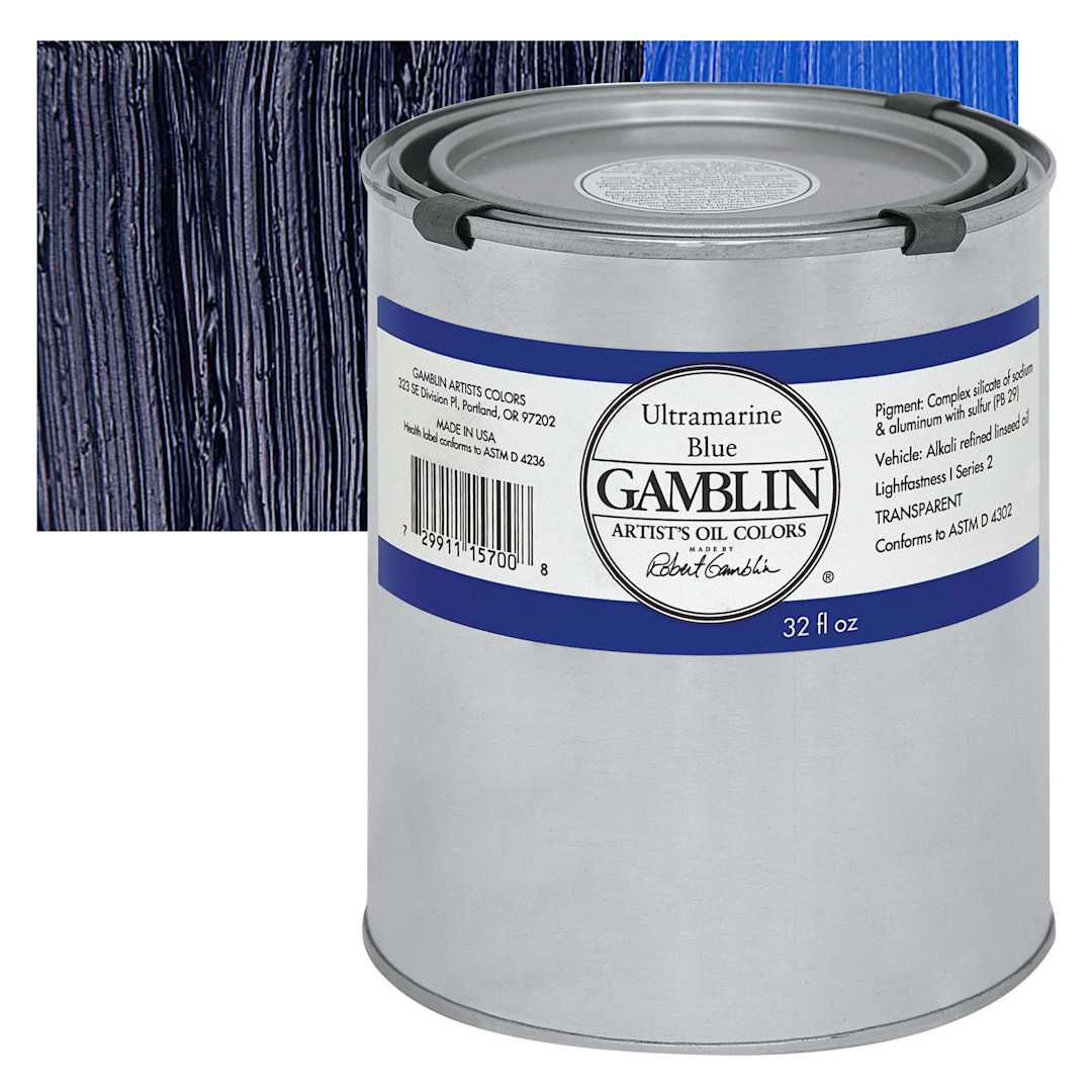 Open in modal - Gamblin Artist's Oil Color - Ultramarine Blue, 32 oz Can and swatch