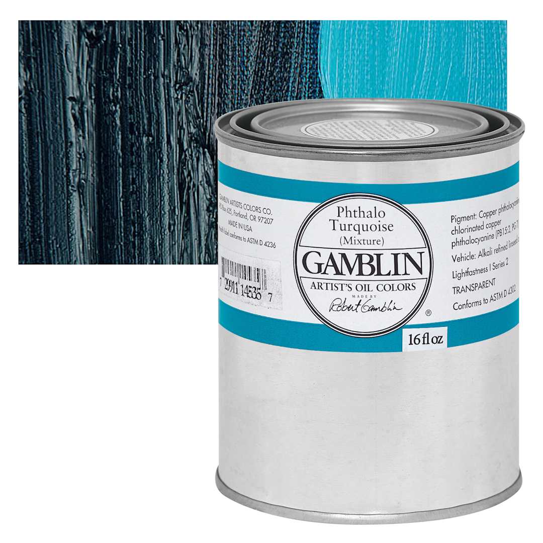 Open in modal - Gamblin Artist's Oil Color - Phthalo Turquoise, 16 oz Can and swatch