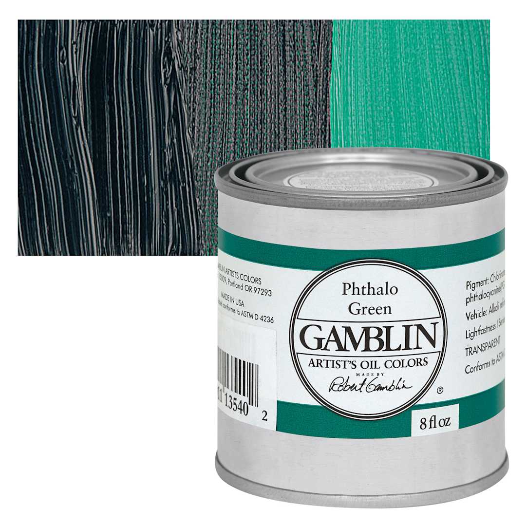 Open in modal - Gamblin Artist's Oil Color - Phthalo Green, 8 oz Can and swatch