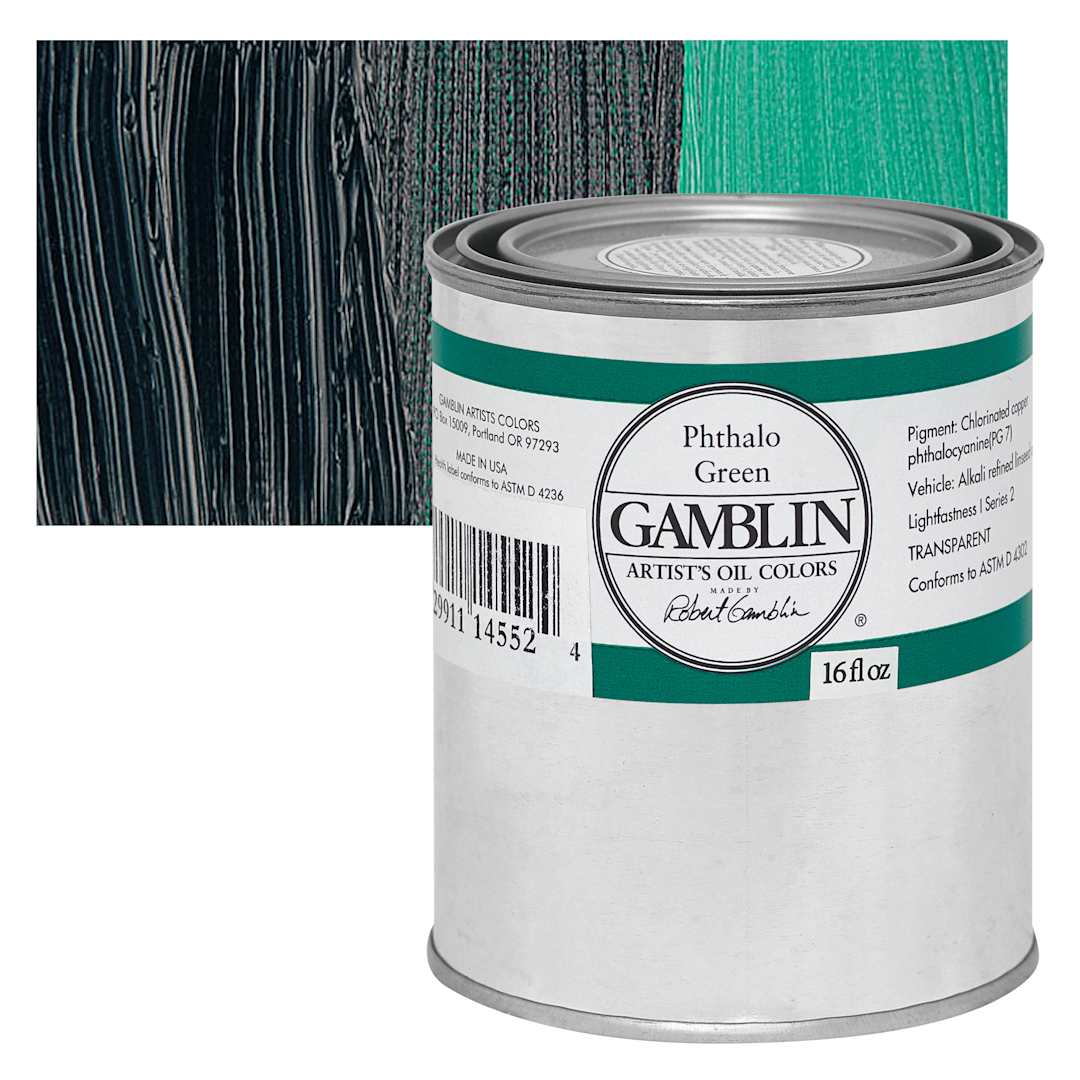 Open in modal - Gamblin Artist's Oil Color - Phthalo Green , 16 oz can and swatch