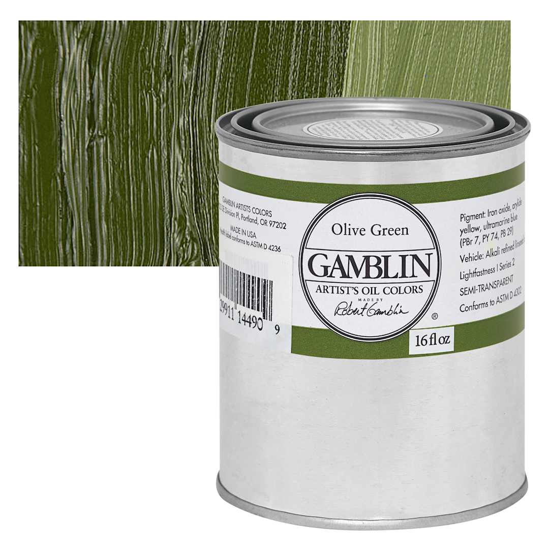 Open in modal - Gamblin Artist's Oil Color - Olive Green, 16 oz Can and swatch