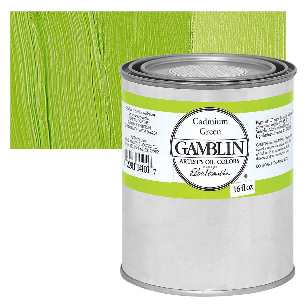 Open in modal - Gamblin Artist's Oil Color - Cadmium Green, 16 oz Can and swatch