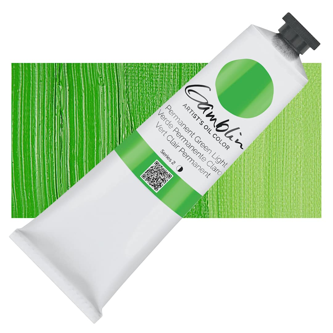 Open in modal - Gamblin Artist's Oil Color - Permanent Green Light, 150 ml tube and swatch