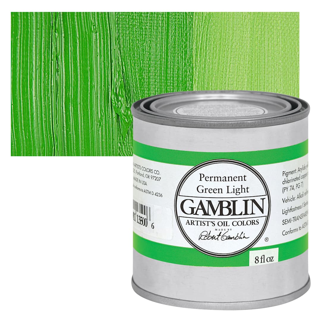 Open in modal - Gamblin Artist's Oil Color - Permanent Green Light, 8 oz Can and swatch