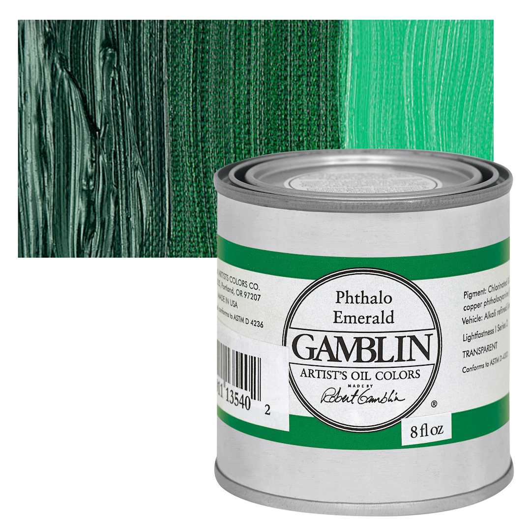 Open in modal - Gamblin Artist's Oil Color - Phthalo Emerald, 8 oz Can and swatch