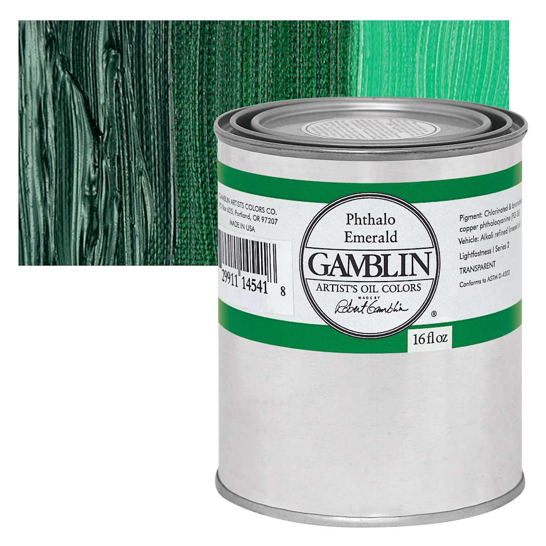 Open in modal - Gamblin Artist's Oil Color - Phthalo Emerald, 16 oz Can and swatch