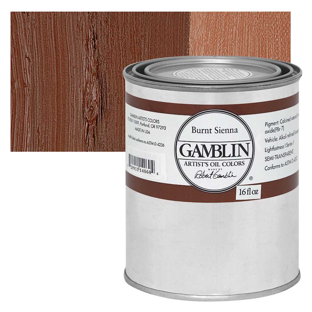 Open in modal - Gamblin Artist's Oil Color - Burnt Sienna, 16 oz Can and swatch