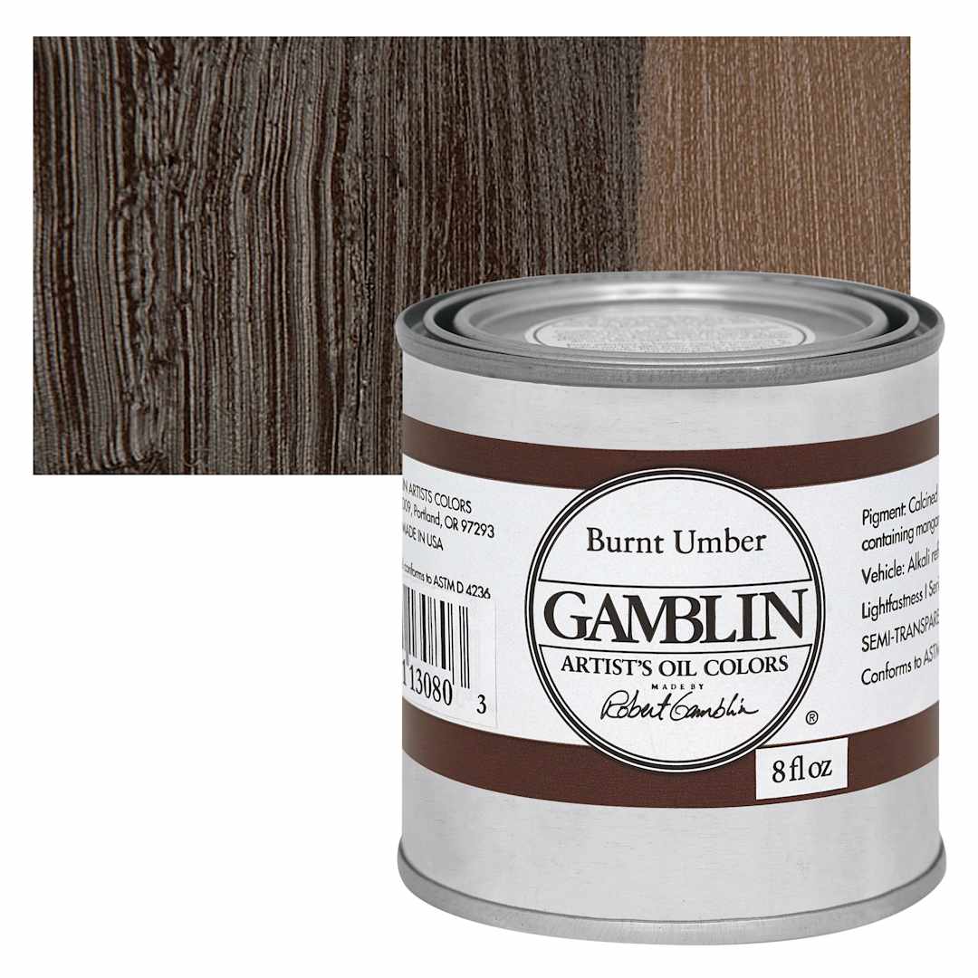 Open in modal - Gamblin Artist's Oil Color - Burnt Umber, 8 oz Can and swatch