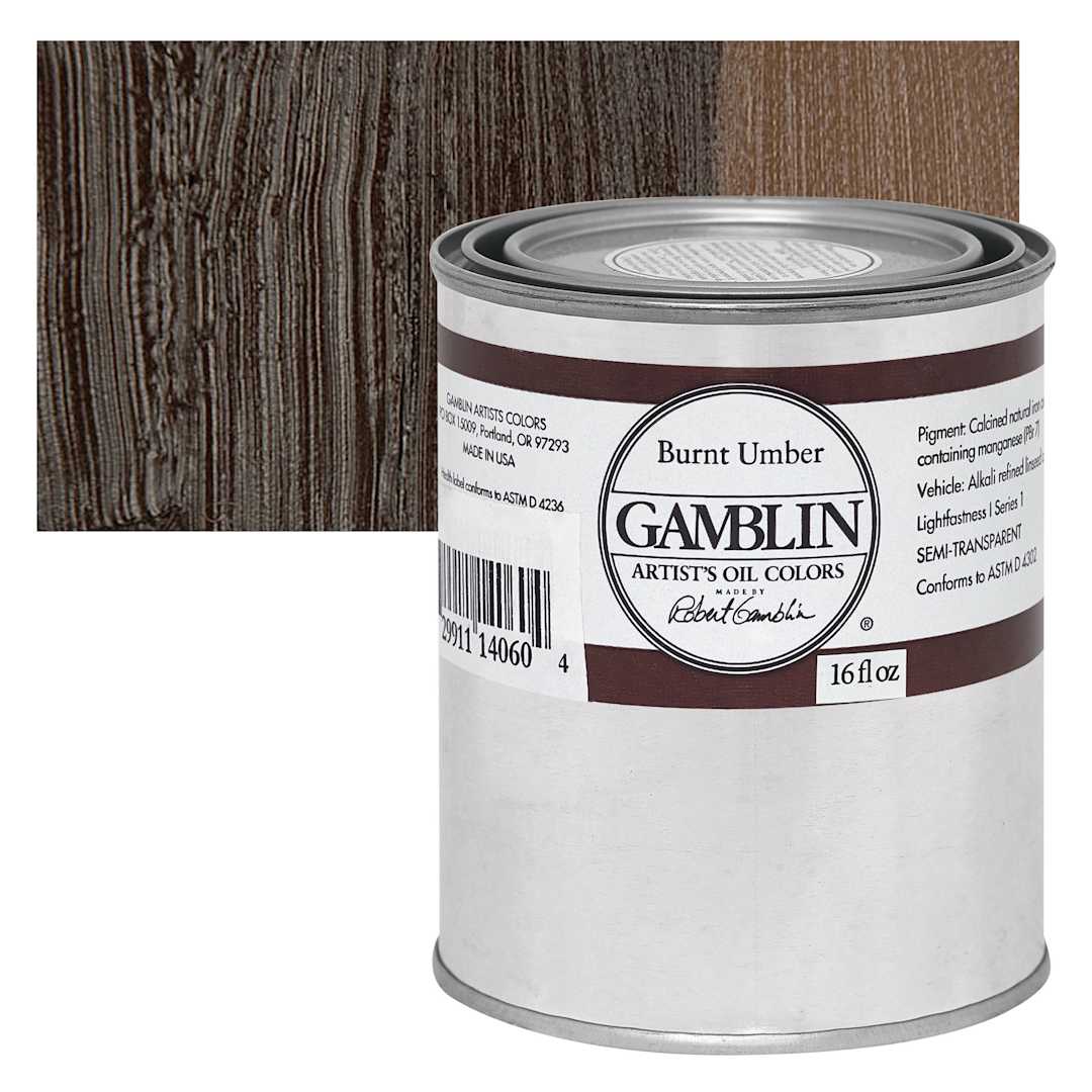 Open in modal - Gamblin Artist's Oil Color - Burnt Umber, 16 oz Can and swatch