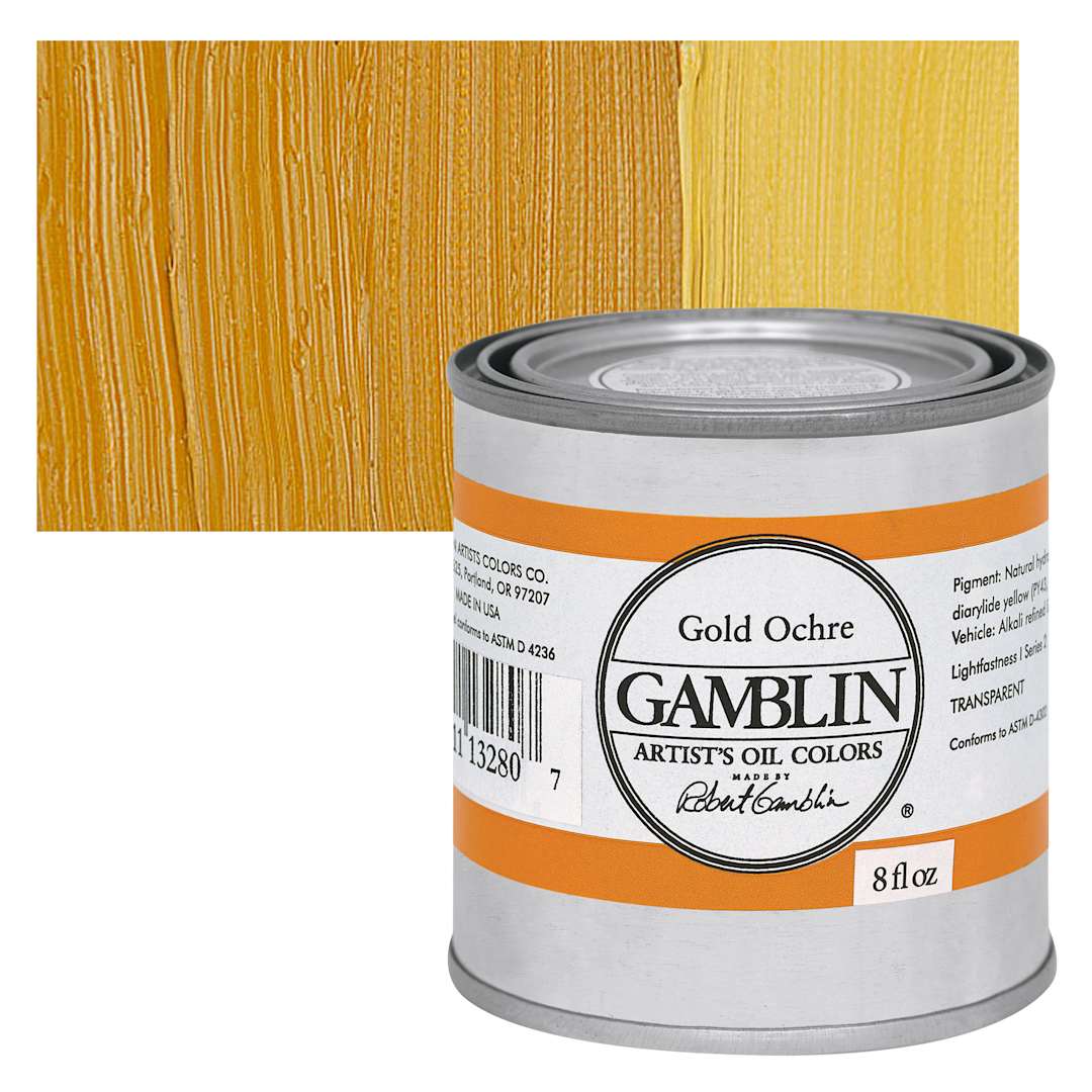 Open in modal - Gamblin Artist's Oil Color - Gold Ochre, 8 oz Can and swatch