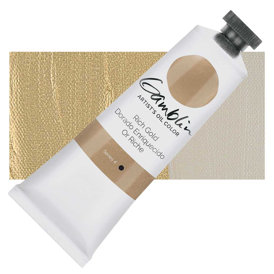 Open in modal - Gamblin Artist's Oil Color - Rich Gold, 37 ml tube and swatch