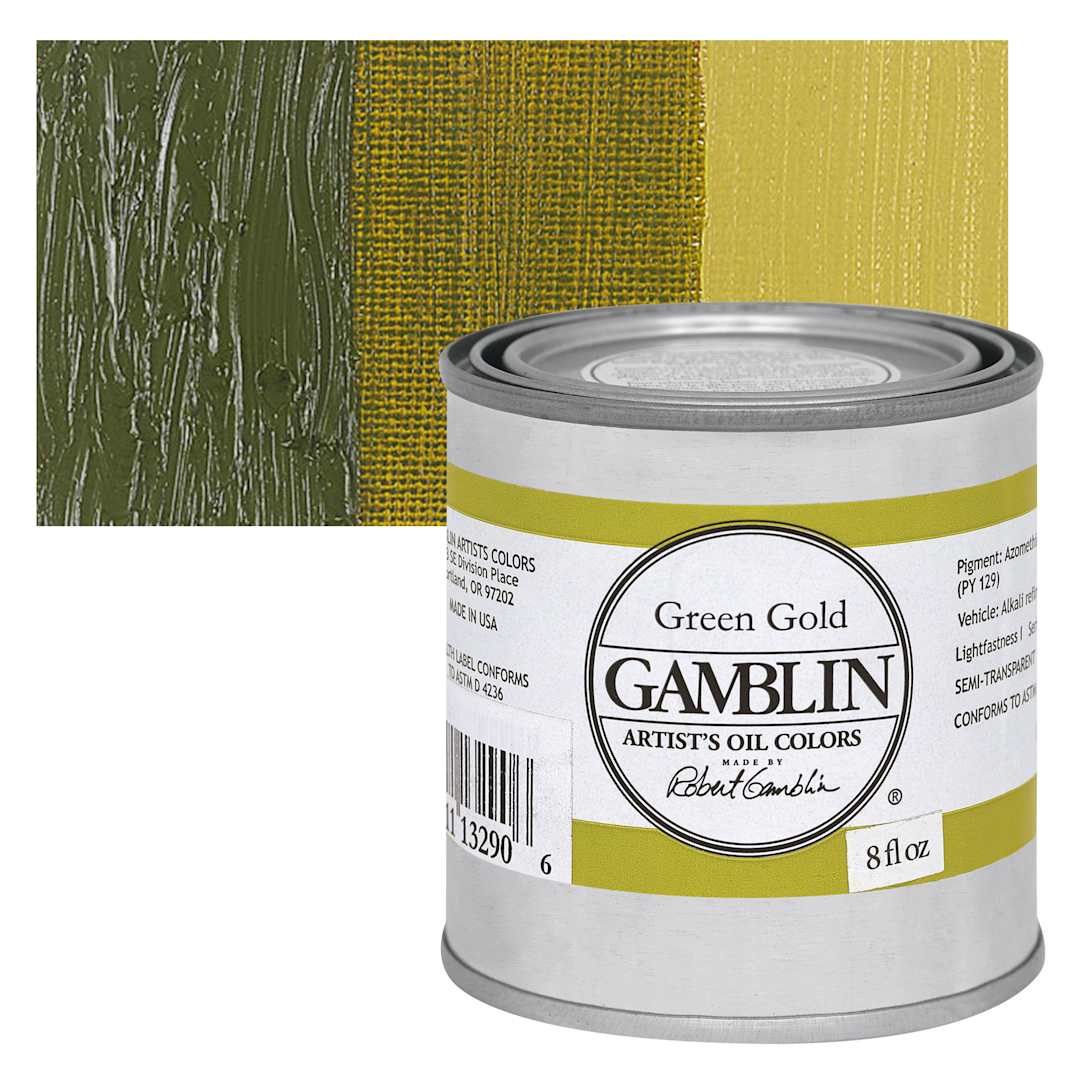 Open in modal - Gamblin Artist's Oil Color - Green Gold, 8 oz can and swatch