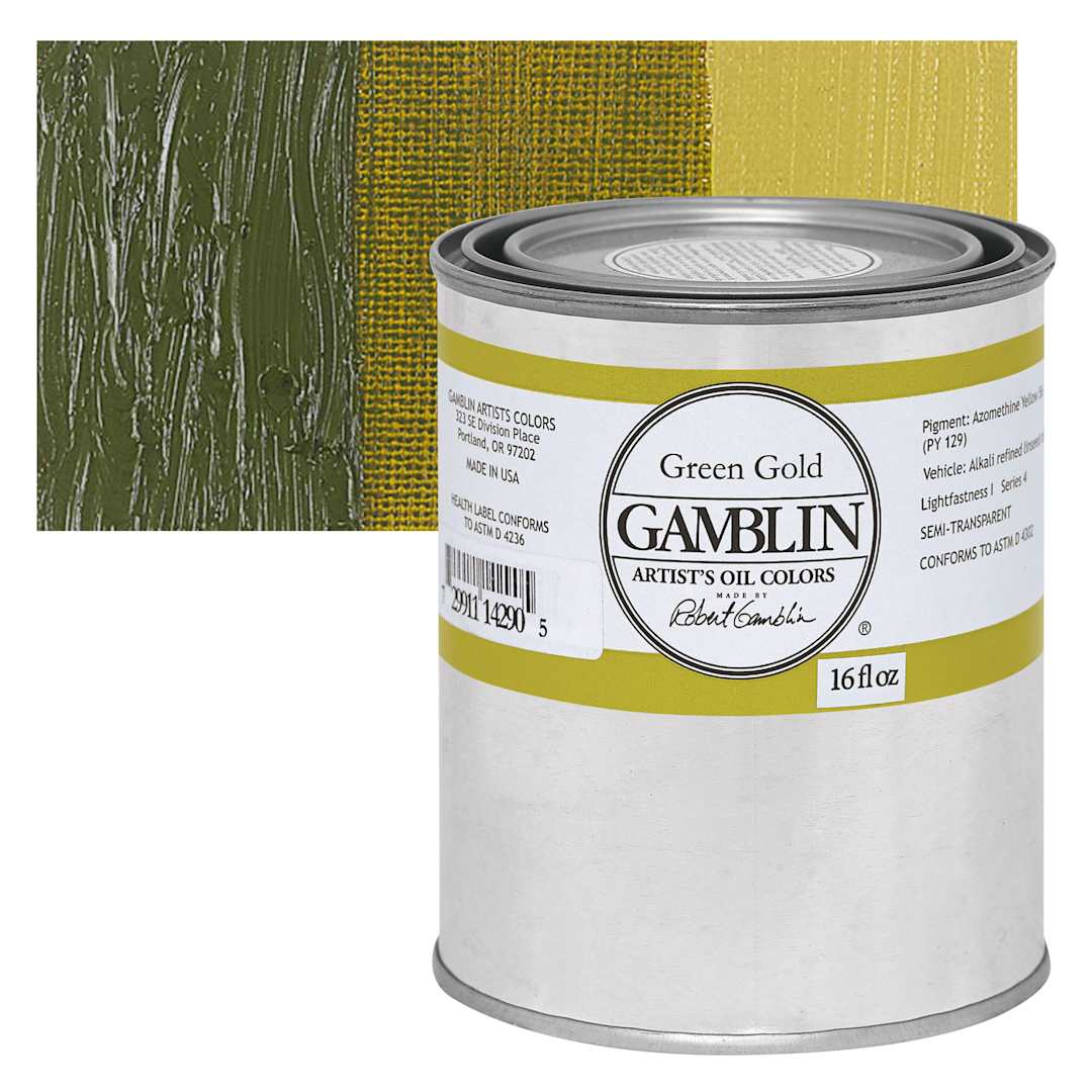 Open in modal - Gamblin Artist's Oil Color - Green Gold, 16 oz can and swatch
