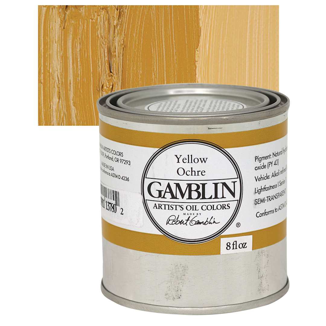 Open in modal - Gamblin Artist's Oil Color - Yellow Ochre, 8 oz Can and swatch