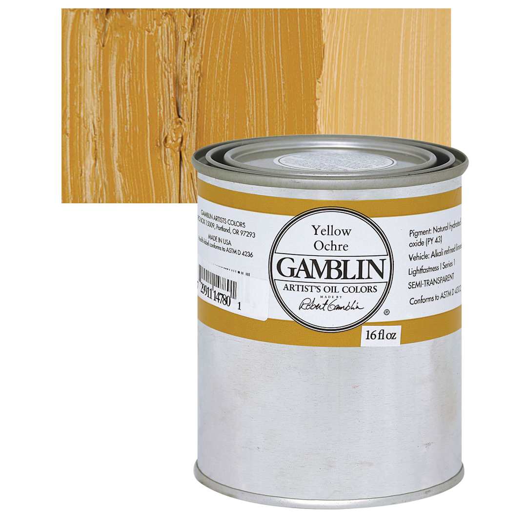 Open in modal - Gamblin Artist's Oil Color - Yellow Ochre, 16 oz Can and swatch