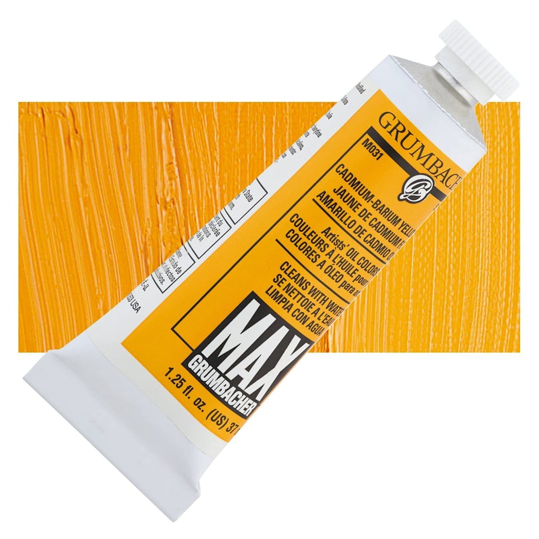 Open in modal - Grumbacher Max Artists' Water Miscible Oil Color -  Cadmium-Barium Yellow Deep, 37 ml tube and swatch
