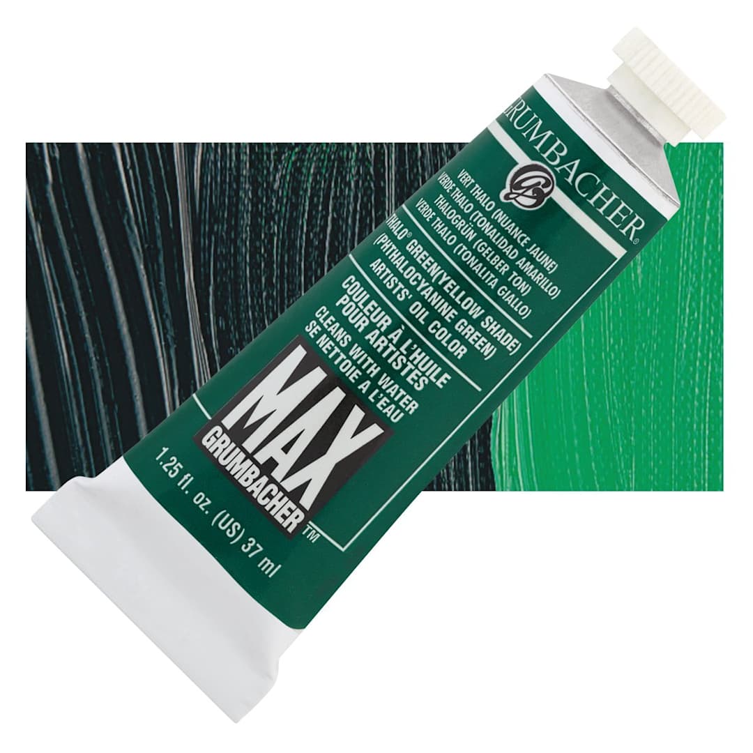 Open in modal - Grumbacher Max Artists' Water Miscible Oil Color - Thalo Green (Yellow Shade), 37 ml tube and swatch
