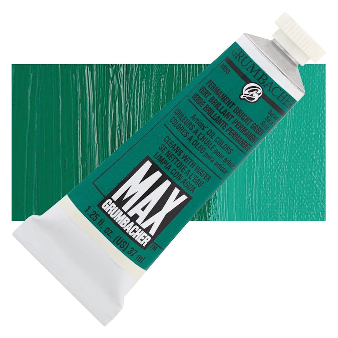 Open in modal - Grumbacher Max Artists' Water Miscible Oil Color - Permanent Bright Green, 37 ml tube and swatch