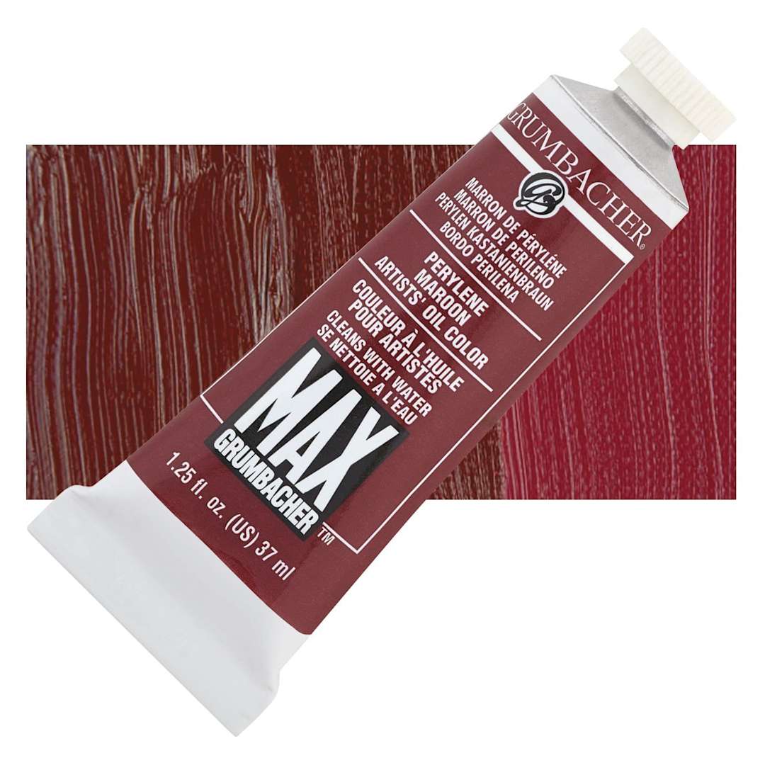 Open in modal - Grumbacher Max Artists' Water Miscible Oil Color - Perylene Maroon (Anthraquinone), 37 ml tube and swatch