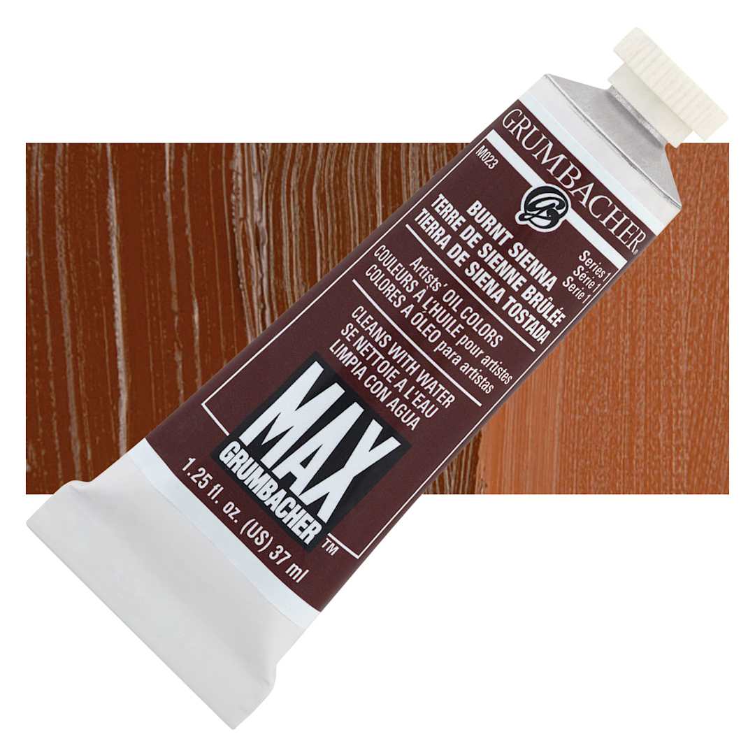 Open in modal - Grumbacher Max Artists' Water Miscible Oil Color - Burnt Sienna, 37 ml tube and swatch