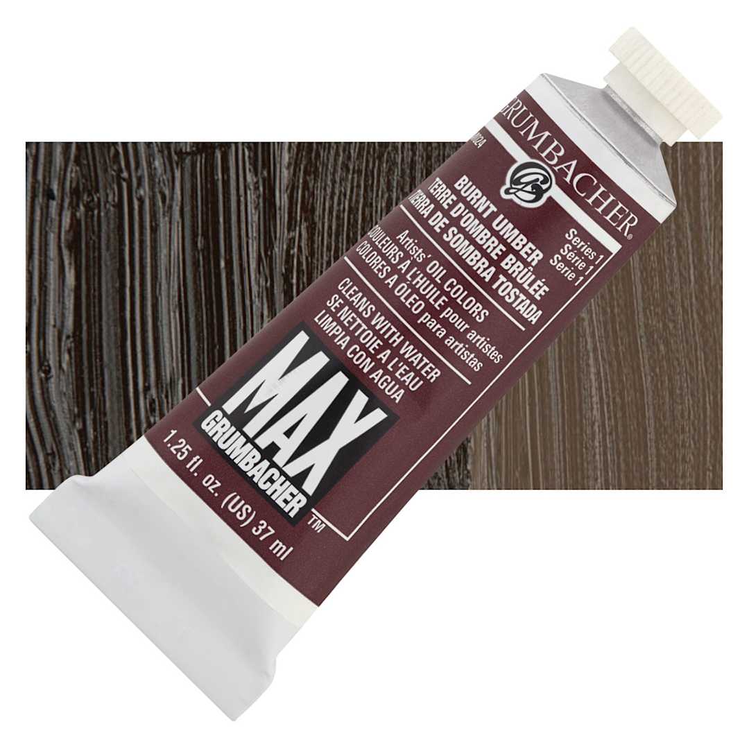 Open in modal - Grumbacher Max Artists' Water Miscible Oil Color - Burnt Umber, 37 ml tube and swatch