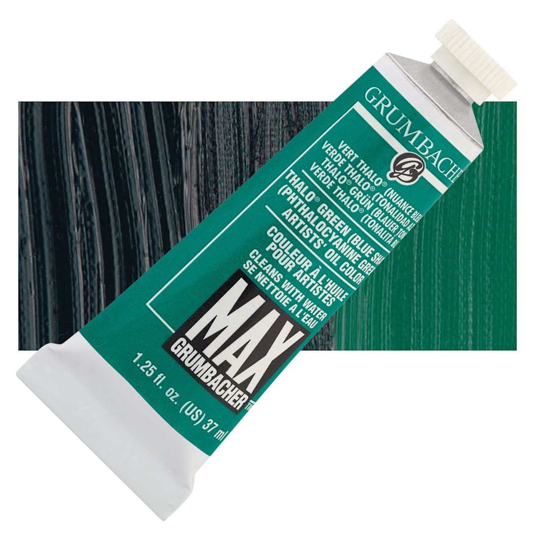 Open in modal - Grumbacher Max Artists' Water Miscible Oil Color - Thalo Green (Blue Shade), 37 ml tube and swatch