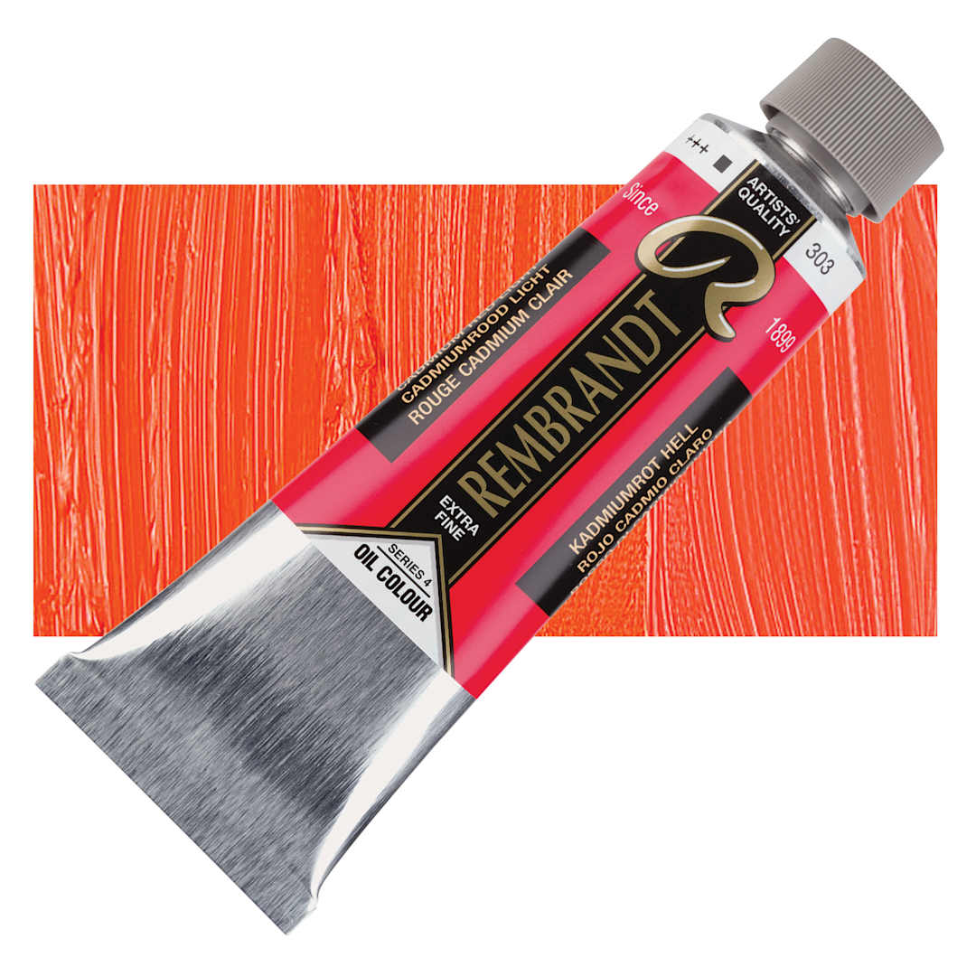 Open in modal - Rembrandt Artists' Oil Color - Cadmium Red Light, 150 ml tube and swatch