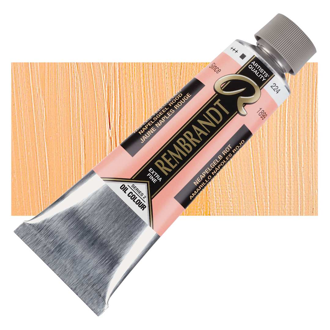 Open in modal - Rembrandt Artists' Oil Color - Naples Yellow Red, 150 ml tube and swatch