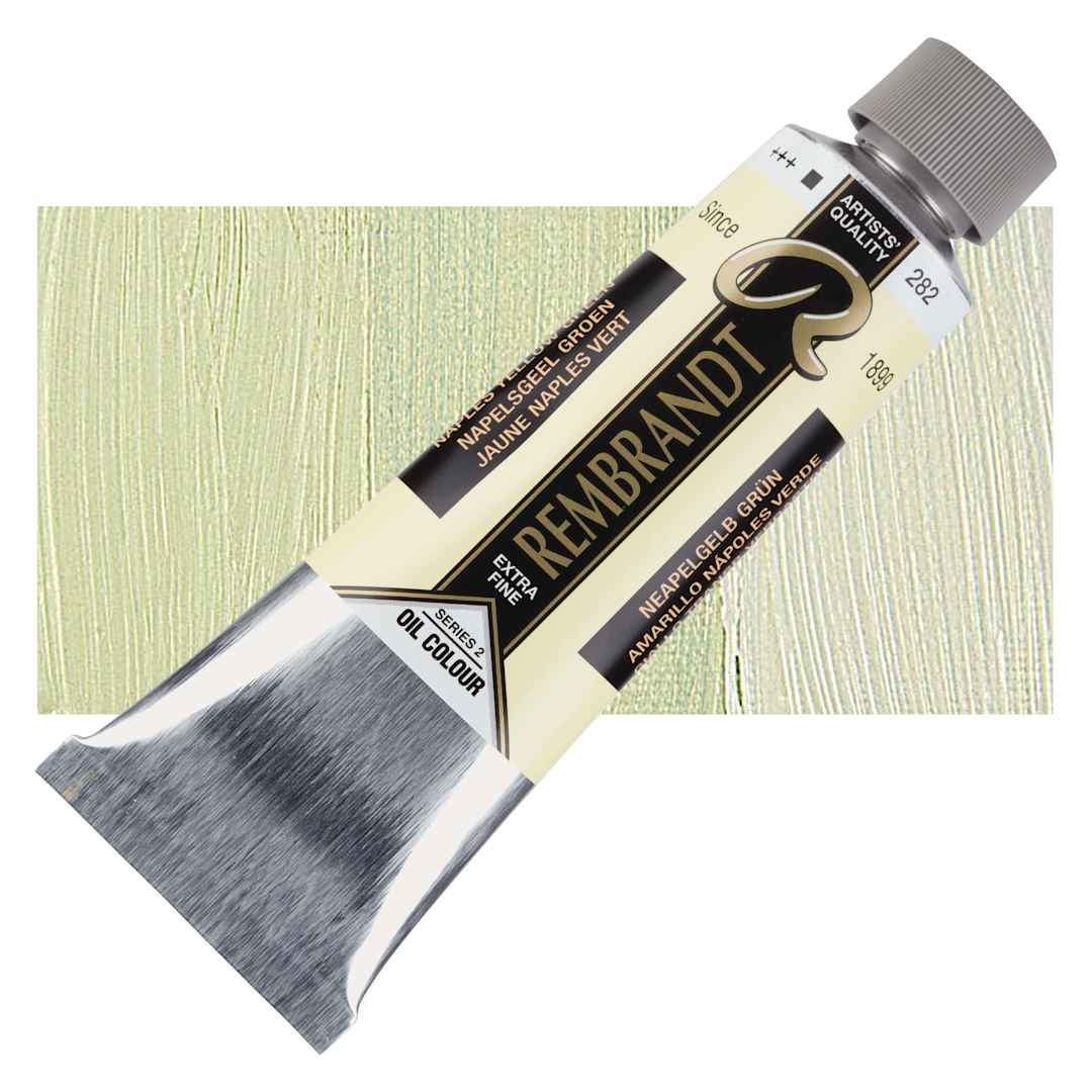 Open in modal - Rembrandt Artists' Oil Color - Naples Yellow Green, 150 ml tube and swatch
