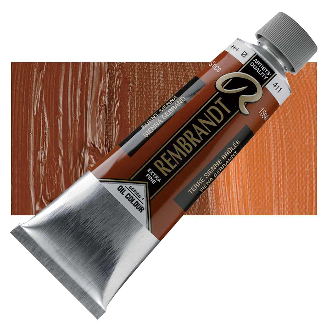 Open in modal - Rembrandt Artists' Oil Color - Burnt Sienna, 150 ml tube and swatch