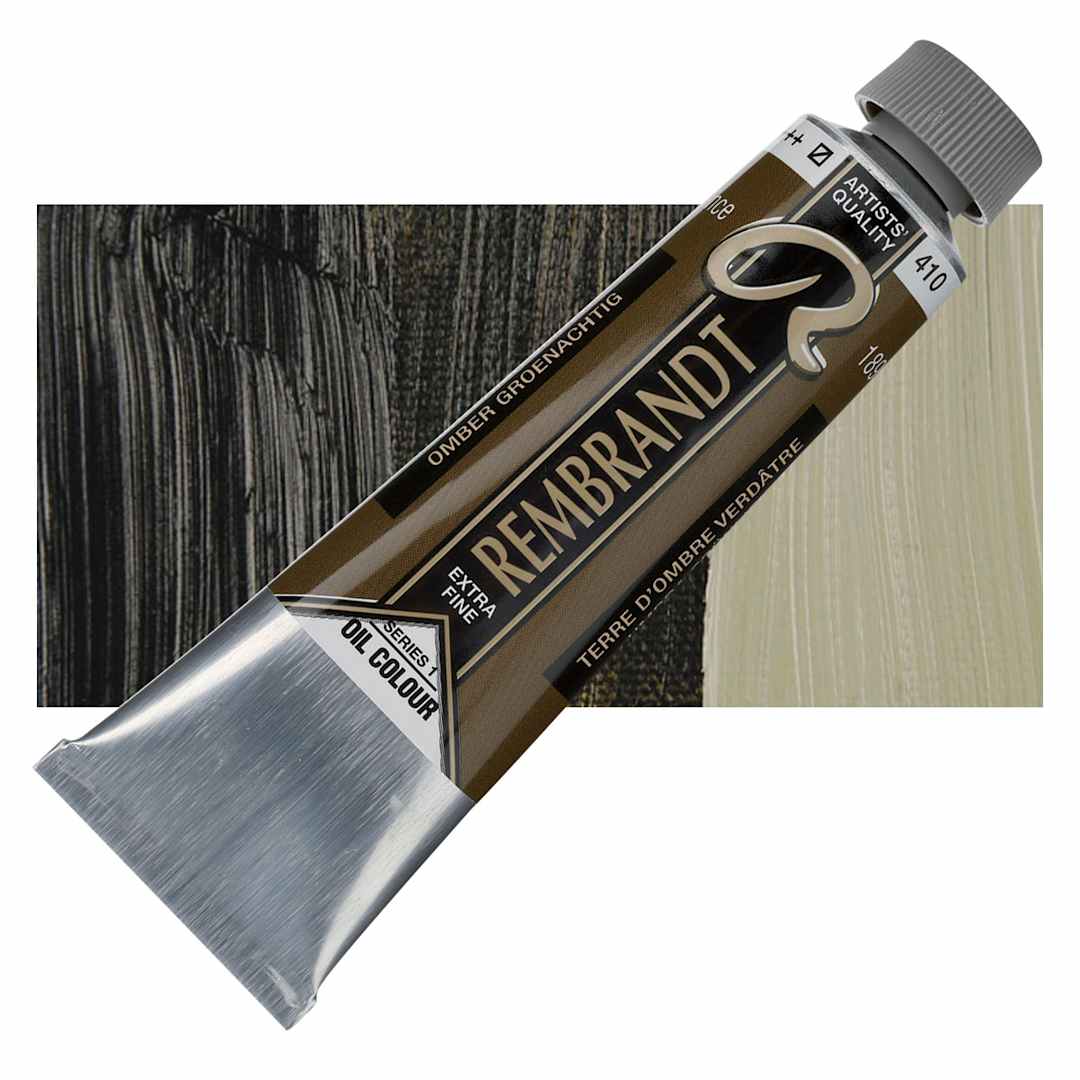 Open in modal - Rembrandt Artists' Oil Color - Greenish Umber, 40 ml tube and swatch