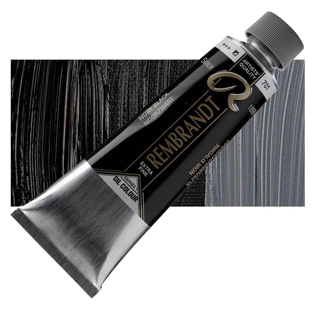 Open in modal - Rembrandt Artists' Oil Color - Ivory Black, 150 ml tube and swatch