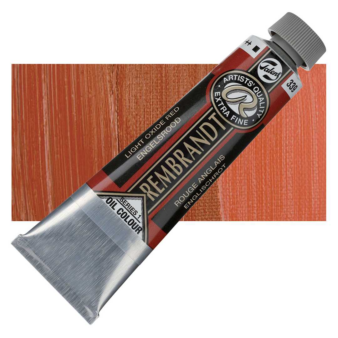 Open in modal - Rembrandt Artists' Oil Color - Light Oxide Red, 40 ml tube and swatch