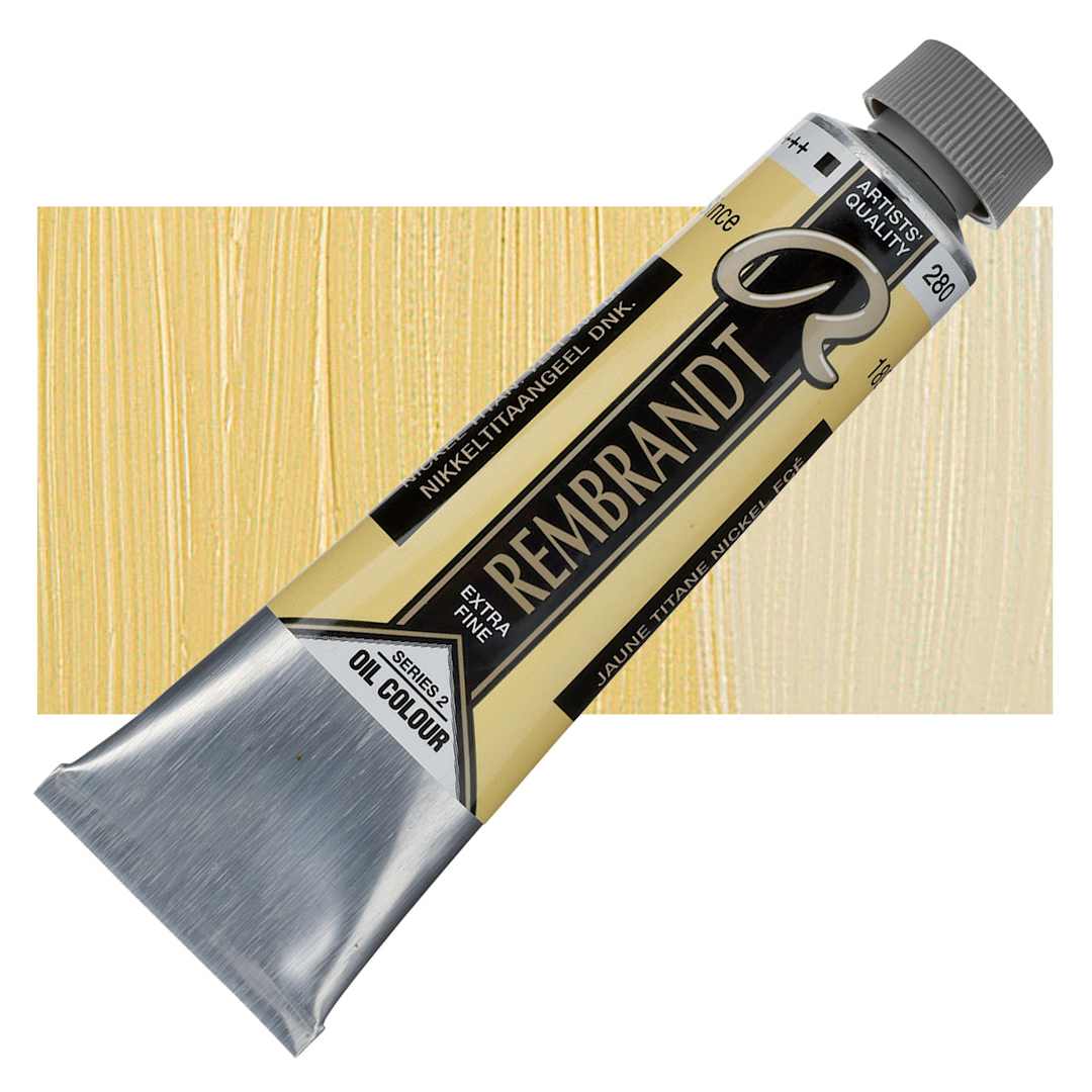 Open in modal - Rembrandt Artists' Oil Color - Nickel Titanium Yellow Deep, 40 ml tube and swatch
